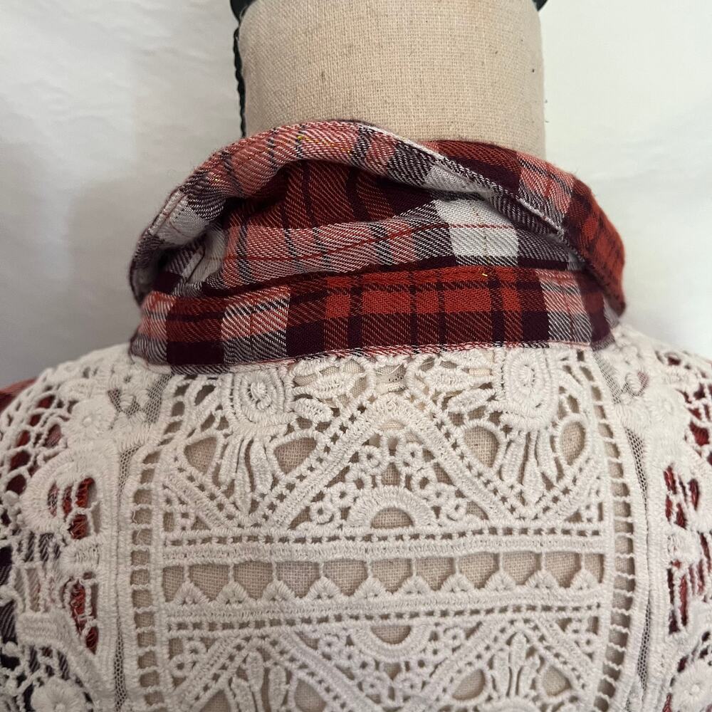 Linda Anderson Crochet Back Plaid Womens Shirt Sz S Boho Western Indie Grunge - Picture 8 of 15